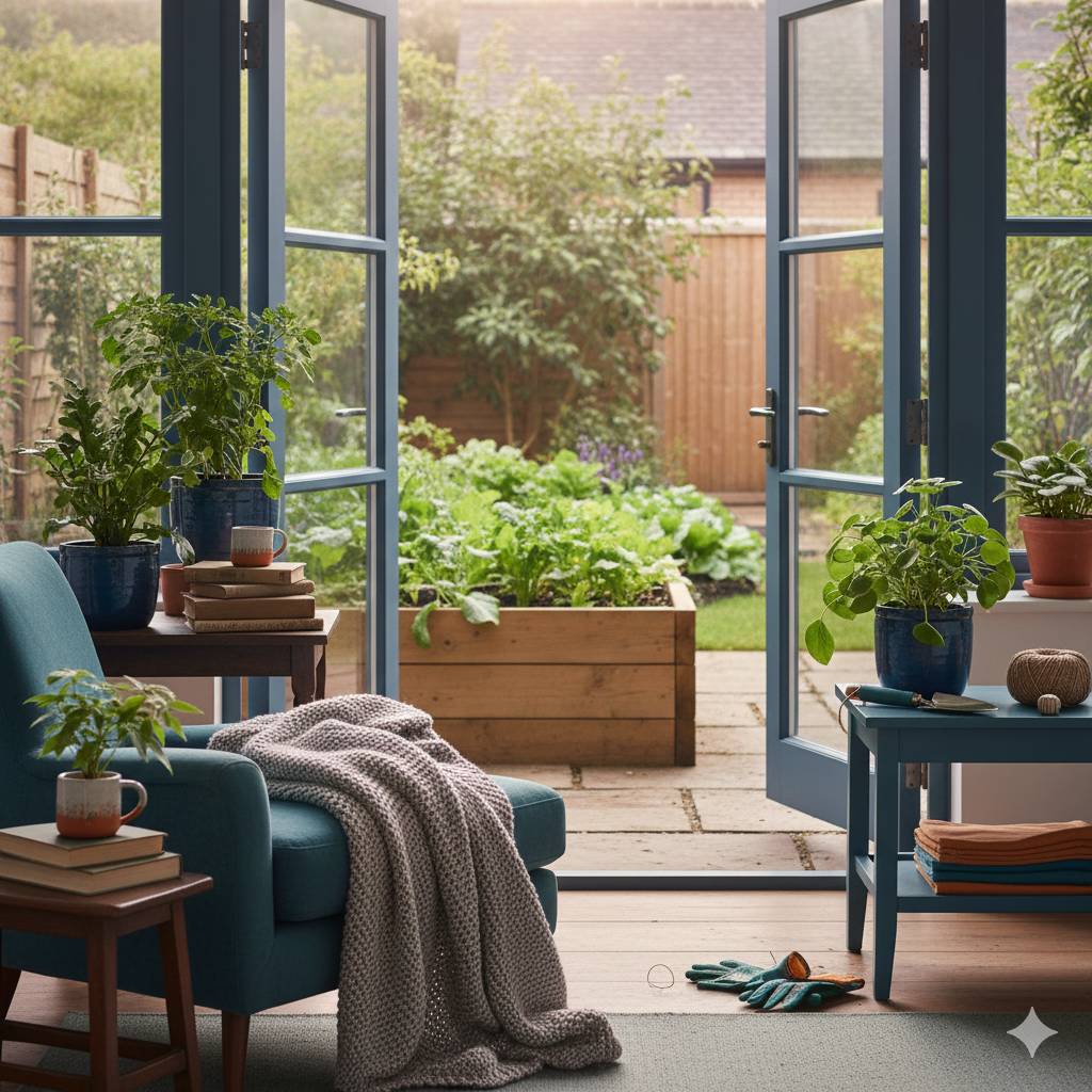 Een tuin met planten in verschillende groeistadia en kleine moestuintjes