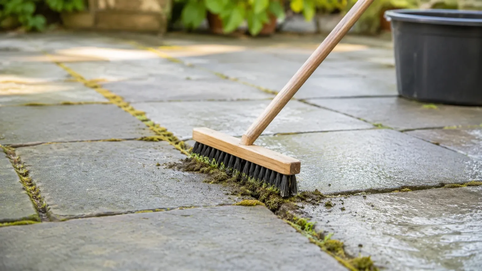 Mos tussen voegen terrastegels verwijderen en voorkomen